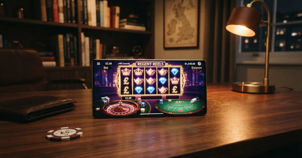 A digital illustration of a casino gaming interface with a Union Jack motif, licence document icons, and cryptocurrency symbols, representing the offshore casino landscape for British players.