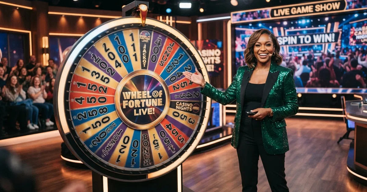 A live casino game show host standing beside a colourful segmented prize wheel in a TV-style studio with bright lighting and an audience display