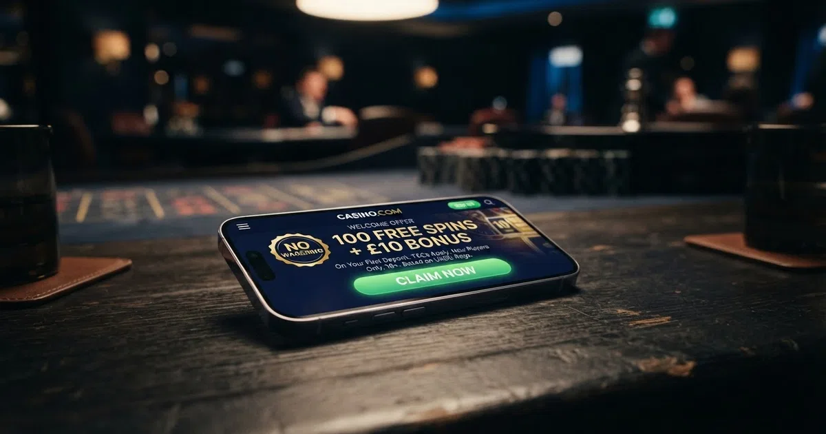 A smartphone screen displaying a UK online casino welcome offer with free spins, a “No Wagering” badge, and a prominent claim button against a dark gaming-themed background
