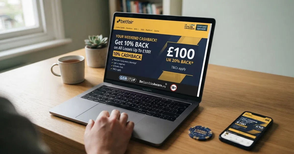 A UK-licensed online casino cashback promotion page showing a percentage refund offer, GBP currency symbols and responsible gambling badges