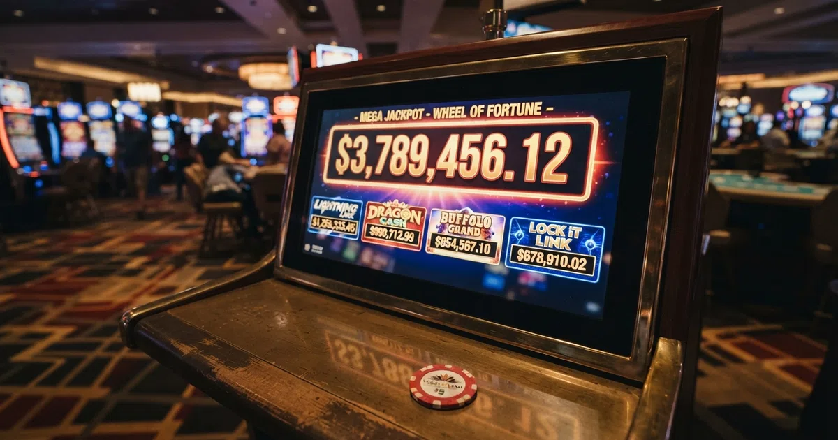 A casino lobby screen showing a row of progressive-jackpot slot thumbnails with seven-figure prize tickers displayed above each title