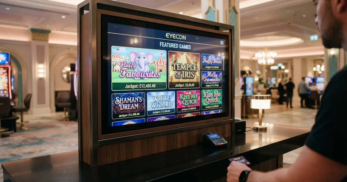 A grid of Eyecon slot game title cards including Fluffy Favourites and Temple of Iris displayed on a casino lobby screen