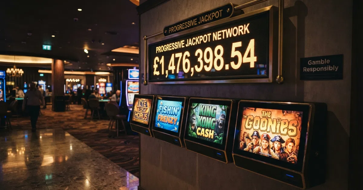 A row of Jackpot King slot title cards — Eye of Horus, Fishin' Frenzy, King Kong Cash, and The Goonies — arranged beneath a glowing progressive-jackpot total counter, on a dark casino-lobby background