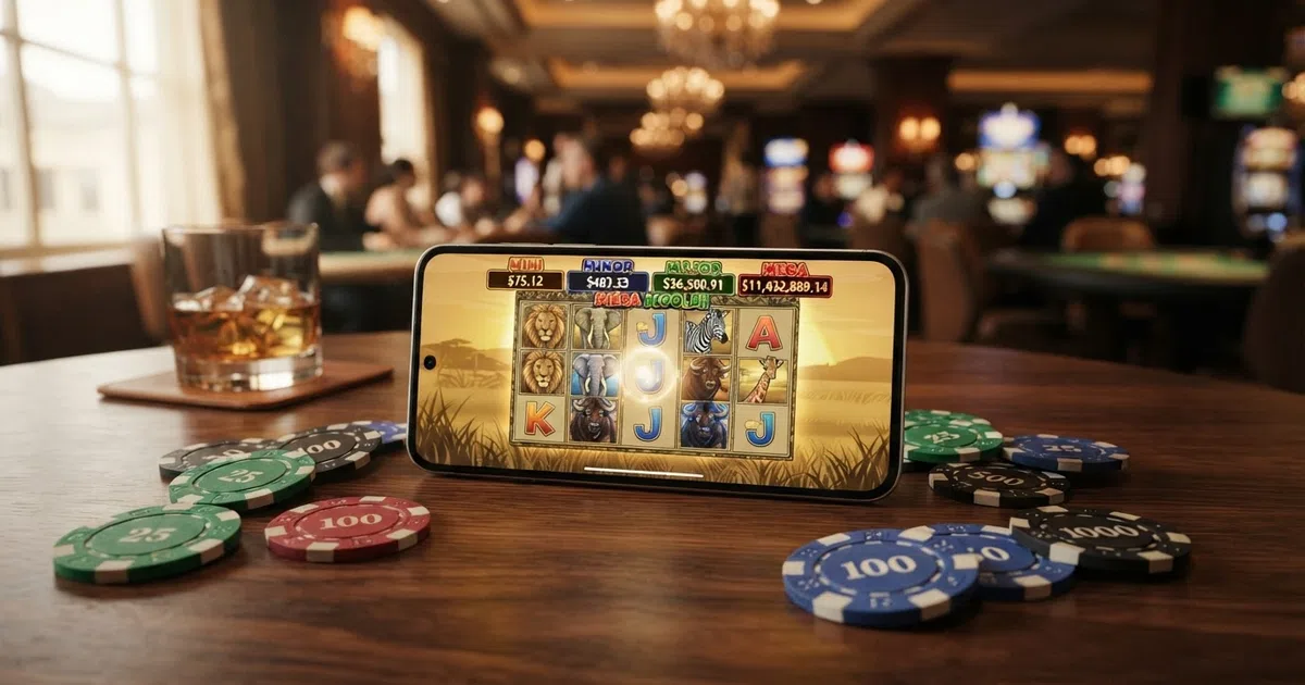 A colourful Mega Moolah slot reel grid showing the African safari theme with lion, elephant and zebra symbols against a savannah sunset, with the four progressive jackpot tier values displayed above the reels