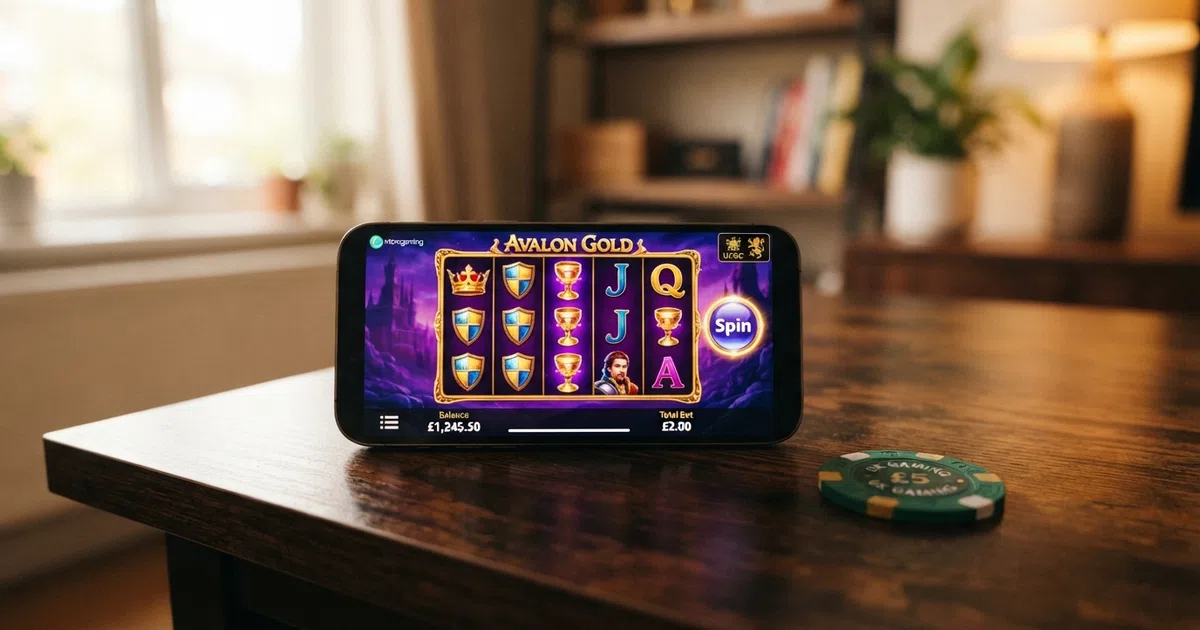 A smartphone screen displaying a colourful Microgaming slot game reels with the UKGC licence logo visible in the corner of the frame