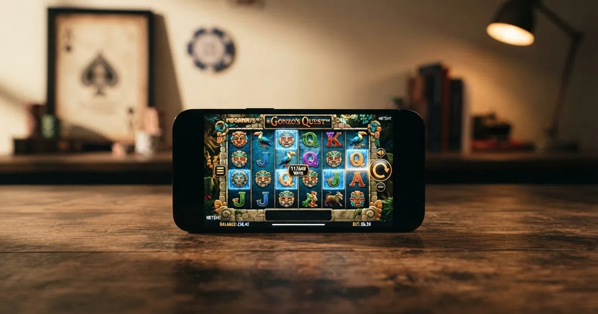 Colourful reels of NetEnt online slots on a phone screen beside a wall of casino brand logos