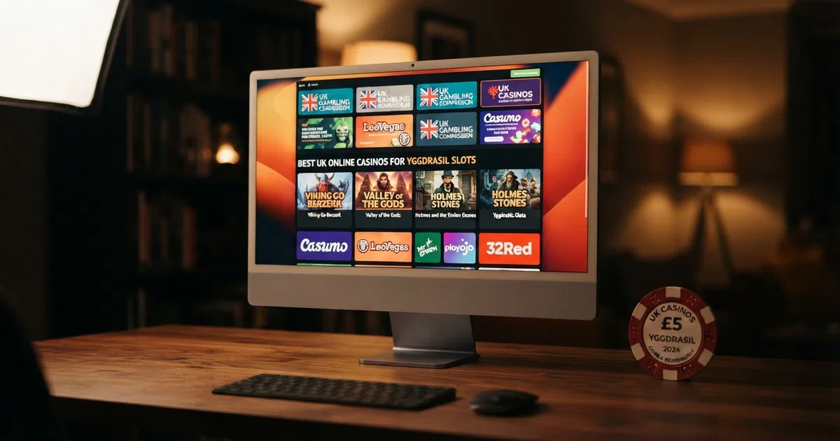 A grid of UK-licensed online casino homepages and Yggdrasil slot thumbnails displayed on a desktop screen