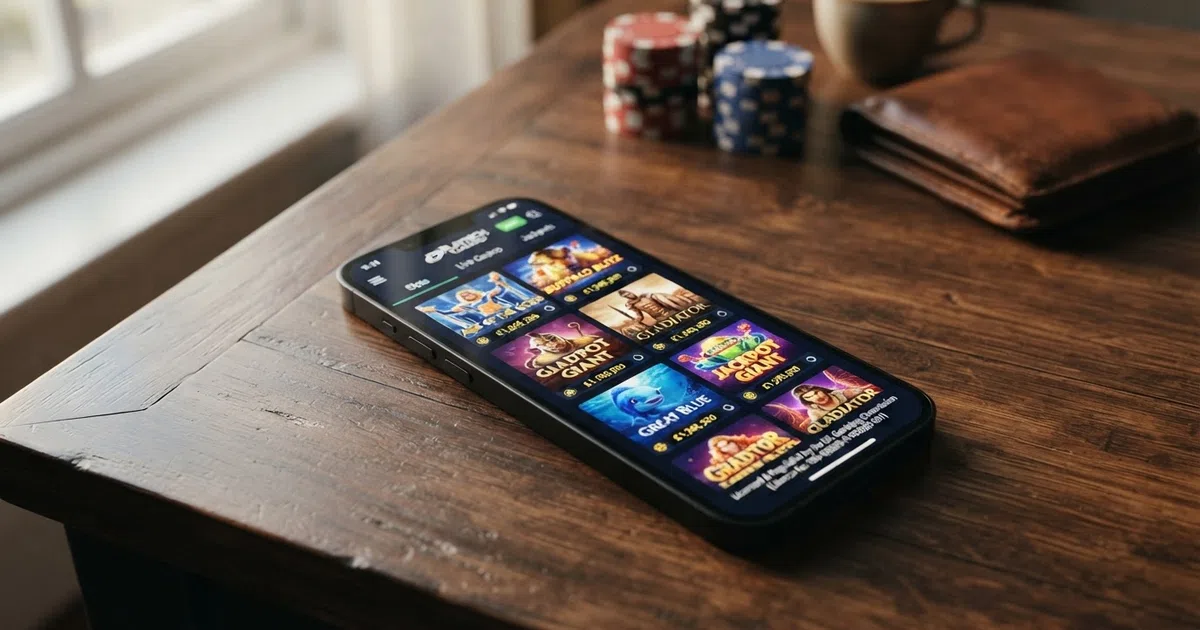 A browser window showing a UK-licensed online casino lobby with Playtech slot thumbnails arranged in a grid, the UKGC licence number visible in the footer