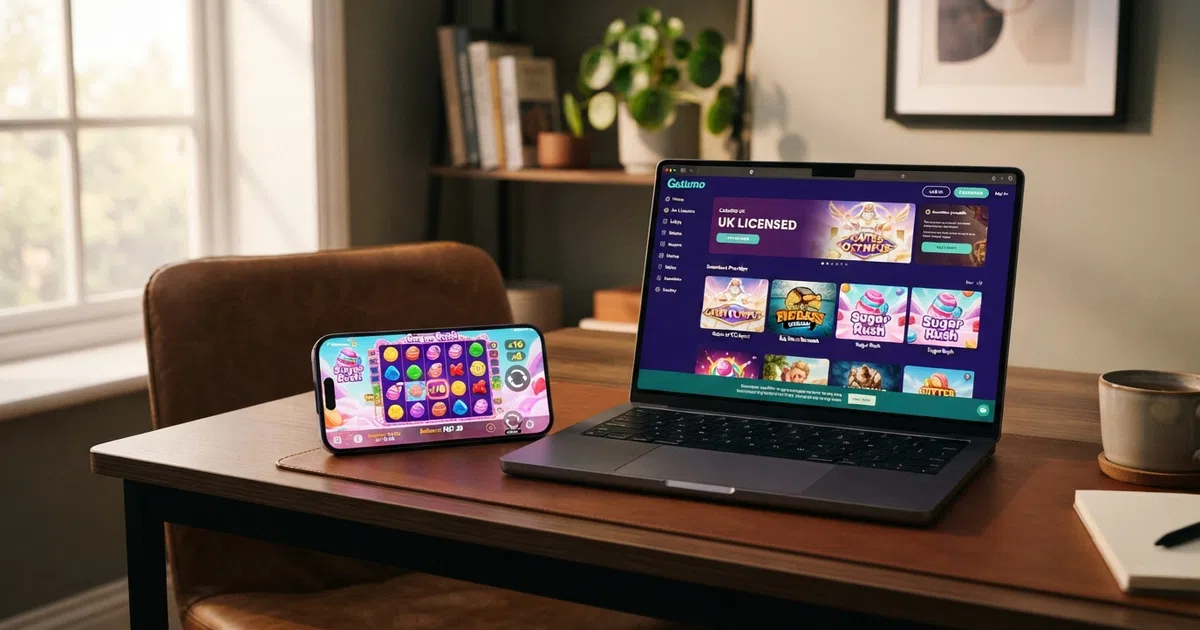 Pragmatic Play slot reels spinning on a smartphone held beside a laptop showing a UK-licensed casino lobby with operator logos