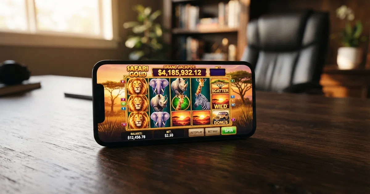 A row of online slot reels with a large progressive jackpot total shown above the reels