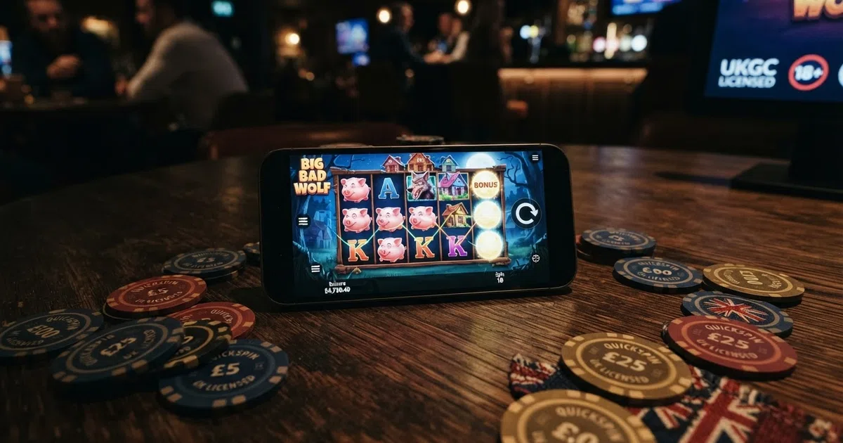 A grid of featured UK-licensed online casino homepages and the Quickspin studio logo, arranged on a dark background with the Union Flag colour accent