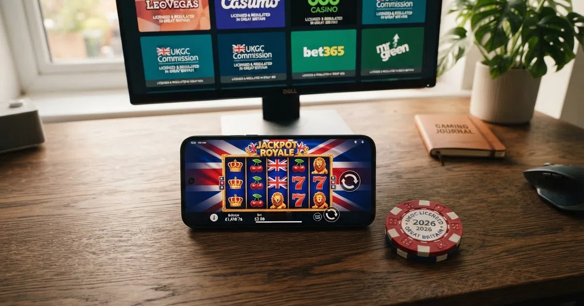 A grid of UKGC-licensed online casino homepages displayed on a desktop monitor and smartphone screen side by side, with a UK Gambling Commission logo visible in the corner