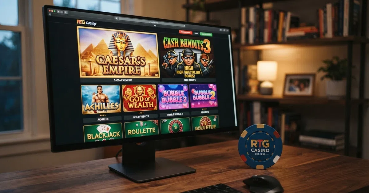 RTG casino game lobby on a desktop screen showing a grid of slot title thumbnails including Achilles and Cash Bandits alongside table-game icons