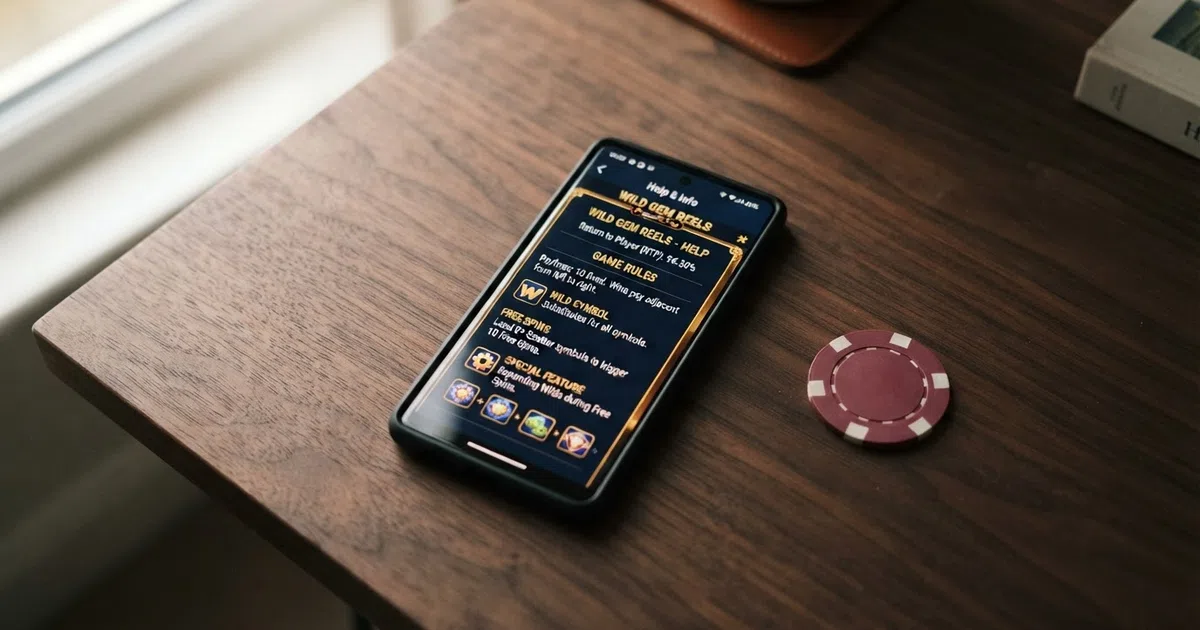 A close-up of a UK online slot game screen with the help or info panel open, displaying the RTP percentage and game rules in English