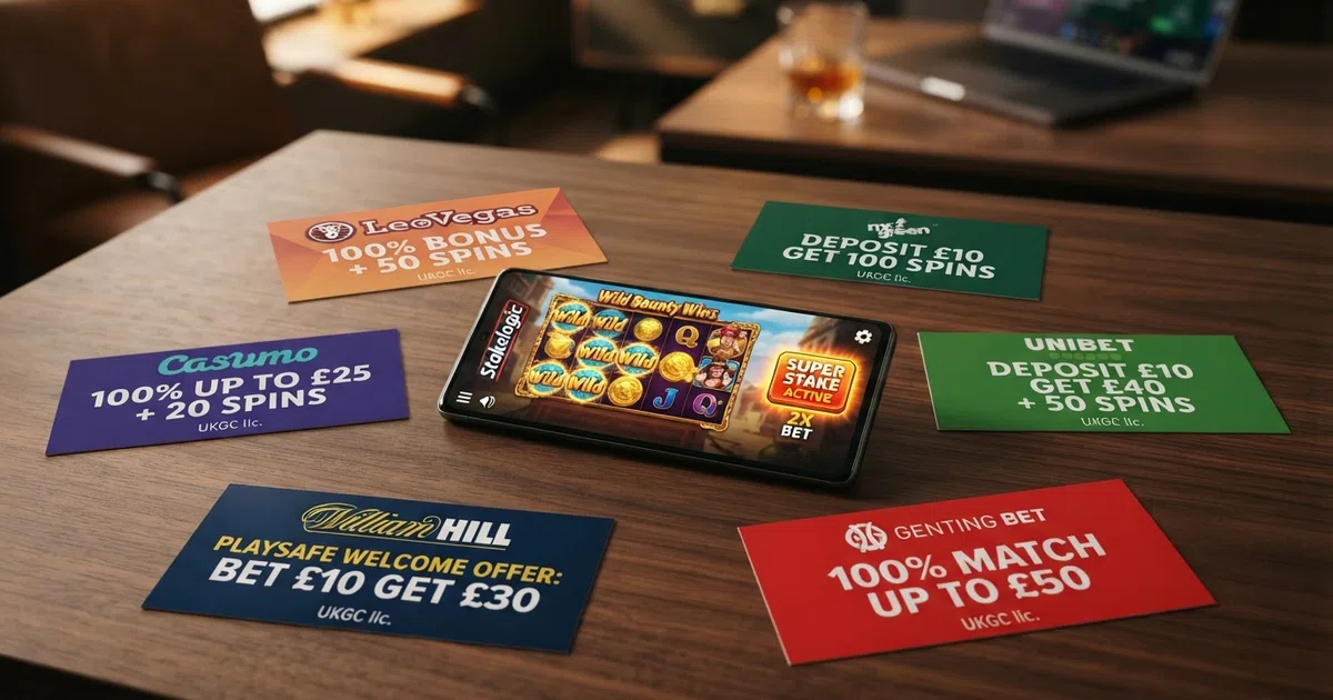 A grid of UK casino welcome-offer banners alongside a smartphone displaying a Stakelogic slot reel with the Super Stake button highlighted