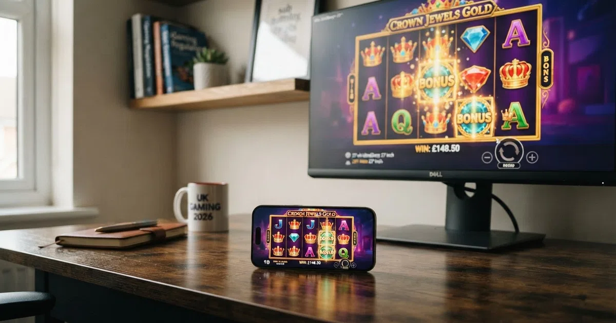 A grid of colourful video slot reels displayed across a desktop screen and a smartphone, with UK casino branding visible in the interface