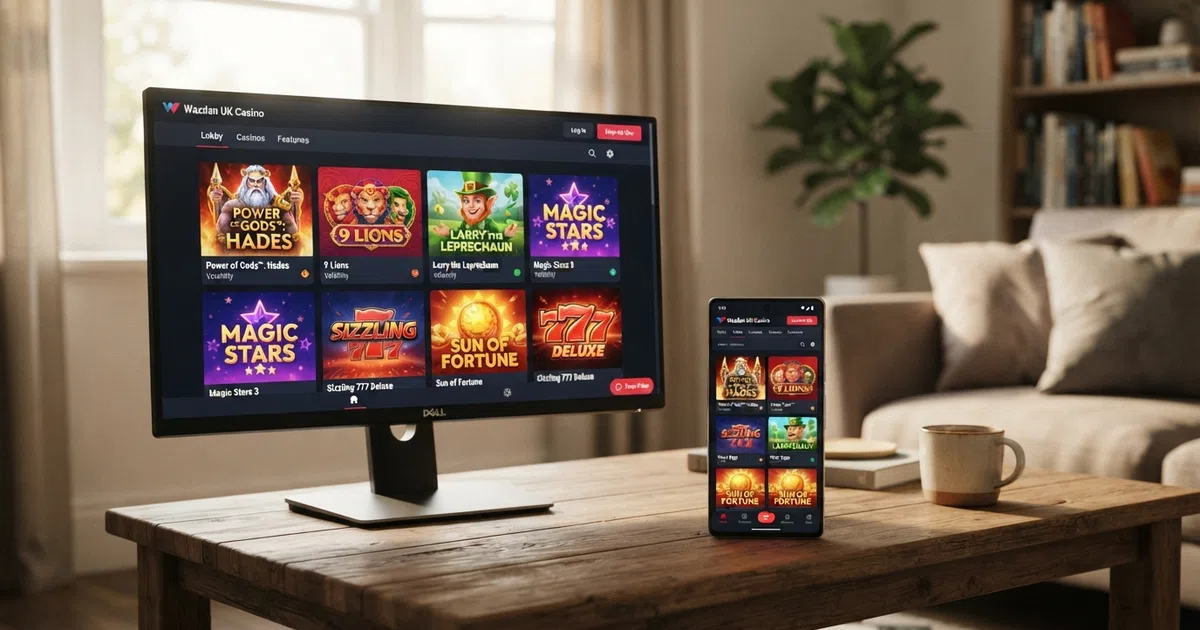 A desktop and mobile screen showing a UK online casino lobby with Wazdan slot tiles arranged in a grid