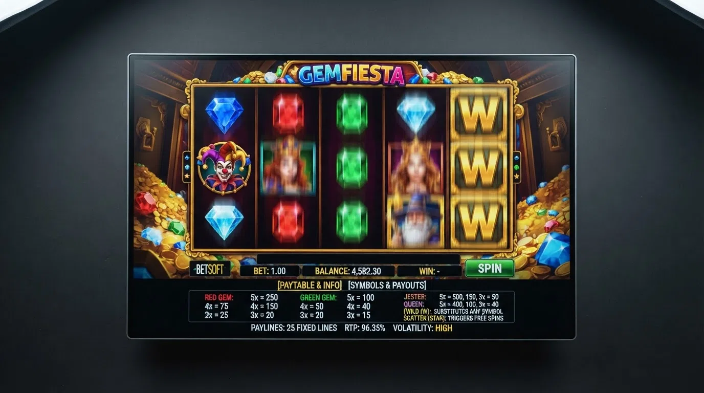 A close-up of a Betsoft slot reel set mid-spin with the paytable overlay visible, showing symbol values and payline structure