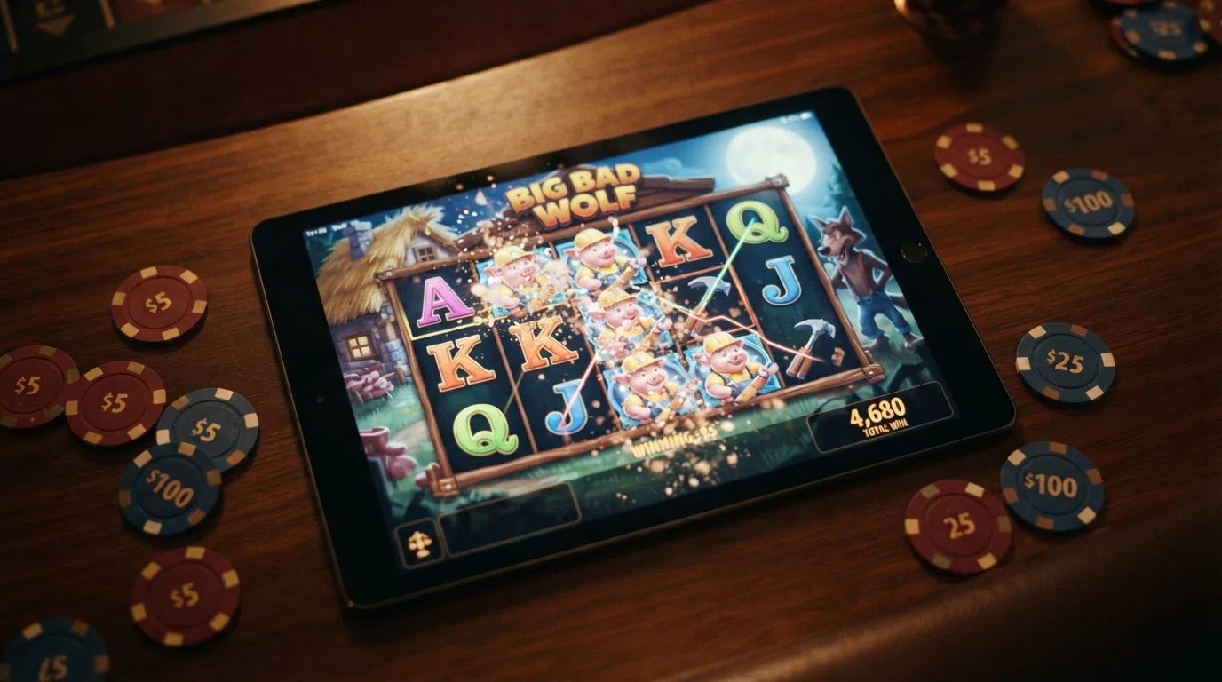 The Big Bad Wolf slot reel grid in play, showing the Swooping Reels mechanic mid-animation with the piggy symbols and the full moon backdrop