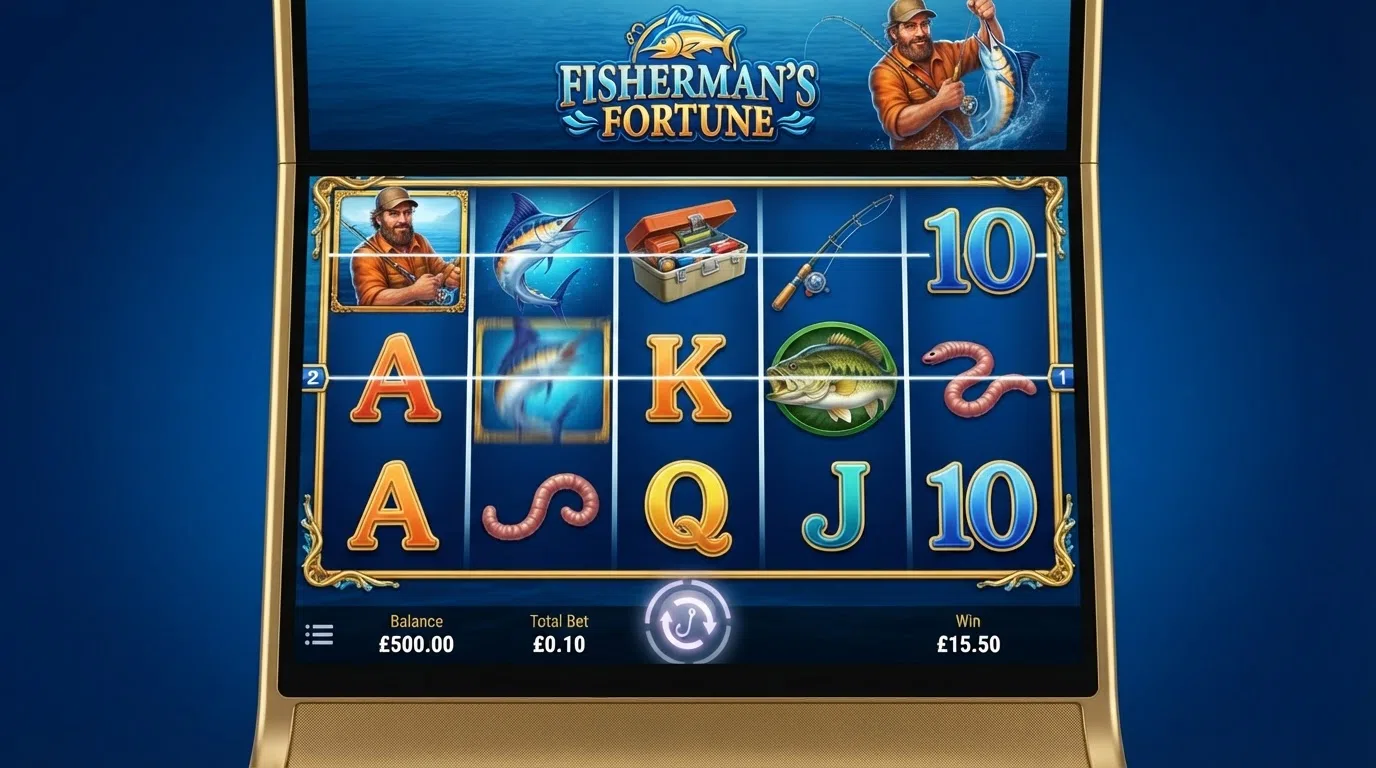 A gameplay screenshot of Big Bass Bonanza showing the reels mid-spin with the fisherman character and fish symbols visible