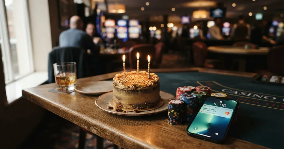 A birthday cake, casino chips and a smartphone showing a casino bonus notification