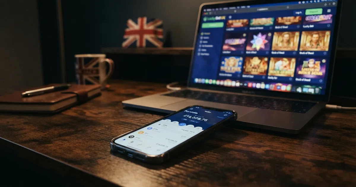 A smartphone screen showing a Bitcoin Cash wallet balance beside a casino lobby with slot thumbnails and a BCH deposit option, set against a dark background with the Union Jack subtly visible