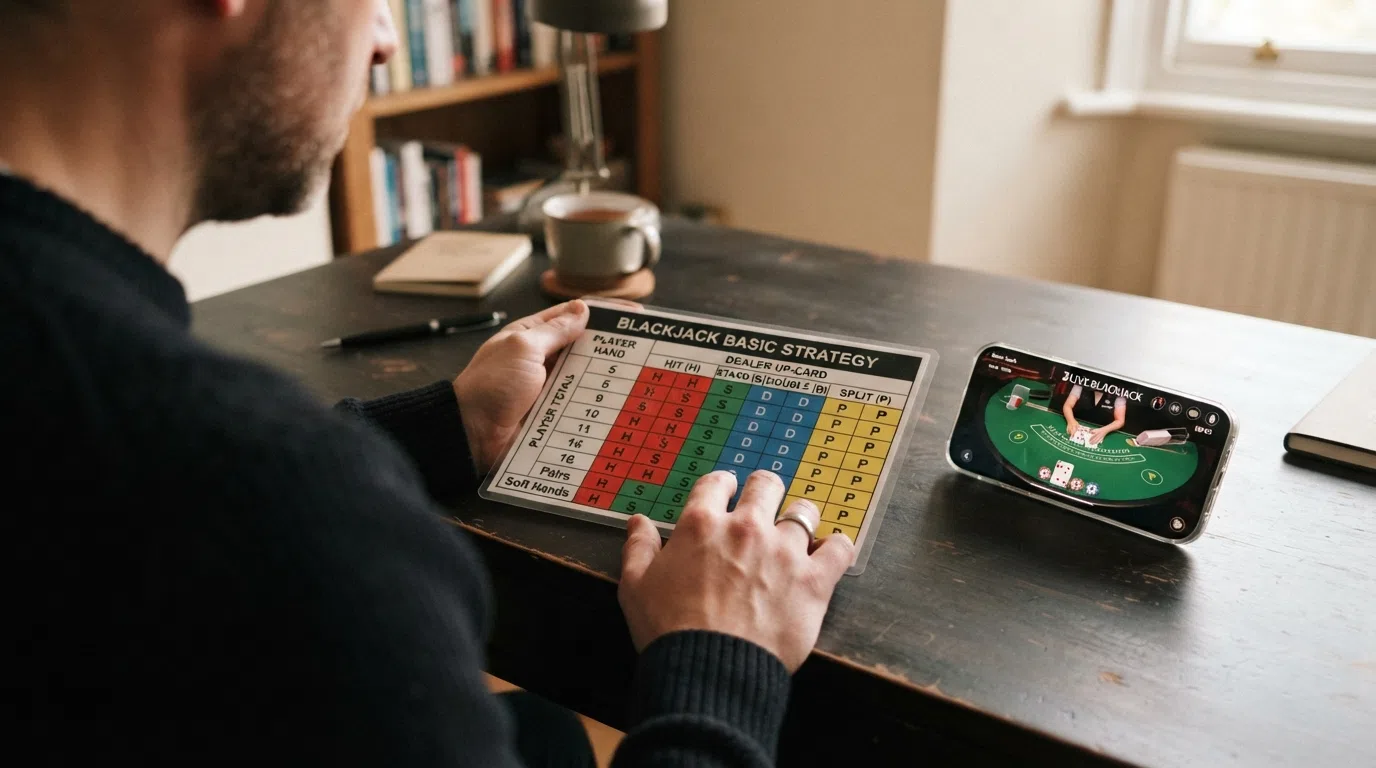 A basic strategy chart grid with player hand totals down the left side and dealer up-card across the top, each cell showing the optimal play decision