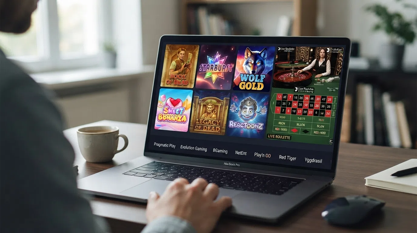 A collage of slot game thumbnails and a live-dealer roulette table interface, with provider logos for Pragmatic Play, Evolution Gaming, and BGaming arranged along the bottom