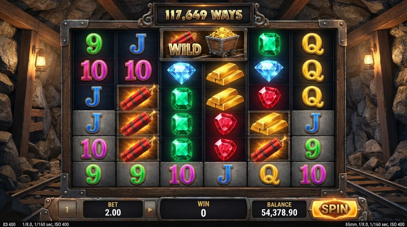 Six reels of the Bonanza Megaways slot showing gems and mining-cart symbols