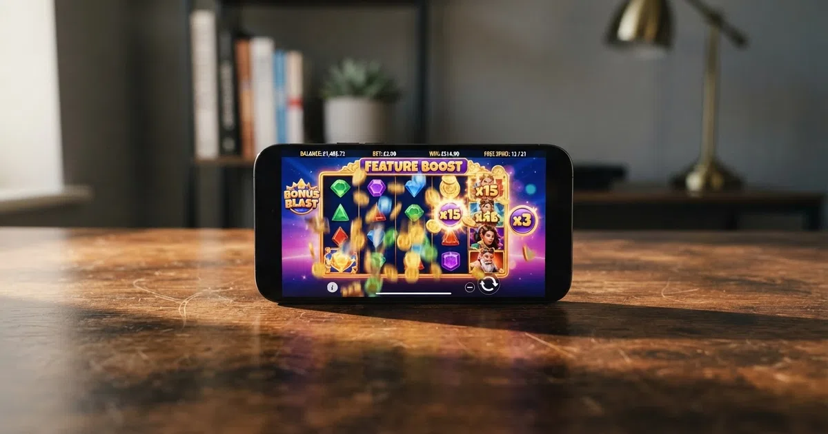 A grid of colourful online slot game tiles with a magnifying glass hovering over a greyed-out “Buy Bonus” button, set against a subtle Union Jack backdrop