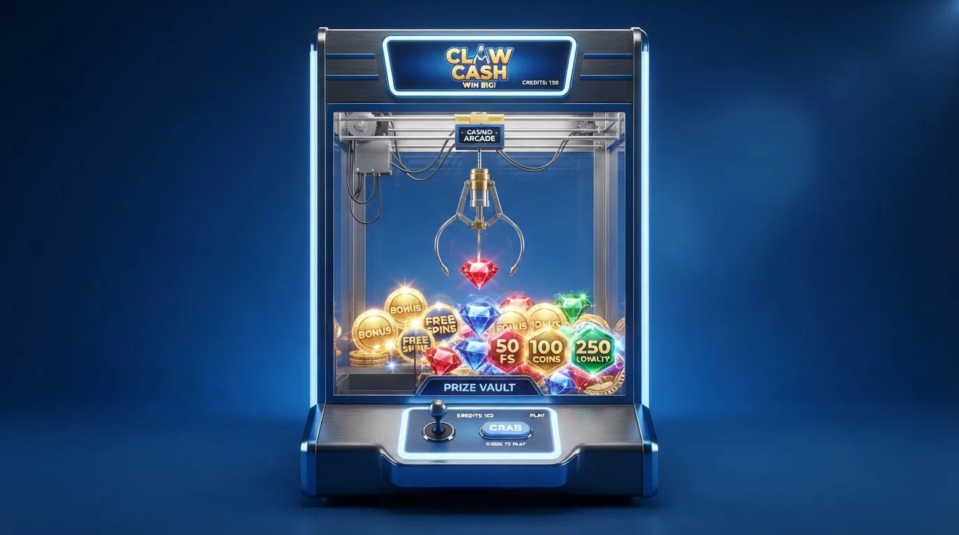 Close-up of the Bonus Crab virtual claw machine with grab symbols, prize indicators, and the claw positioned above a symbol