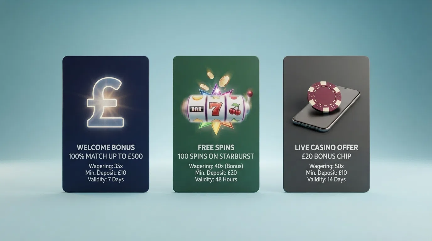 Three columns labelled "Deposit Match," "Free Spins" and "No-Deposit Spins," each showing a stylised offer card with the wagering multiplier, deposit required and validity in days beneath