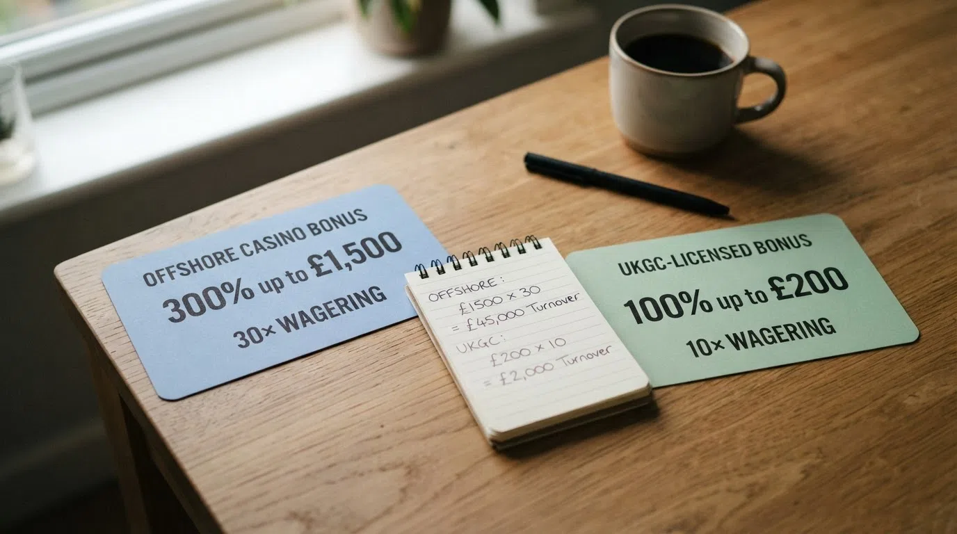 A visual comparison of two bonus offers — a 300% up to £1,500 offshore bonus with 30× wagering beside a UKGC-licensed bonus with 10× wagering — showing the turnover required to release each one