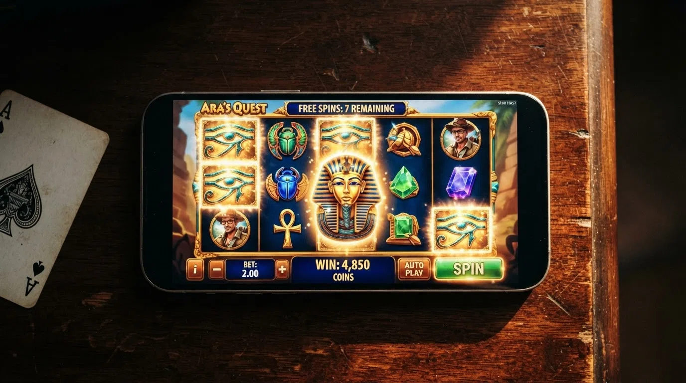 The Book of Ra Deluxe five-reel slot interface with the explorer character, scarab symbols and the free-spins trigger visible on the paytable