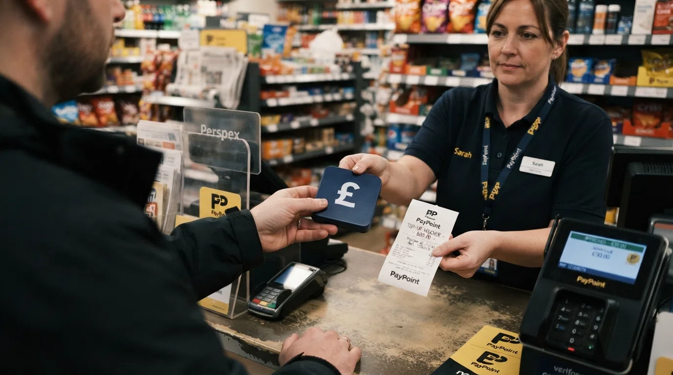 A UK PayPoint terminal at a retail counter with a CashtoCode voucher being handed over, the PIN slip visible