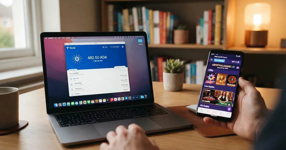 A laptop screen displaying a cryptocurrency wallet interface beside a casino lobby showing slot thumbnails and a live-dealer table, with the Cardano logo visible on the wallet screen
