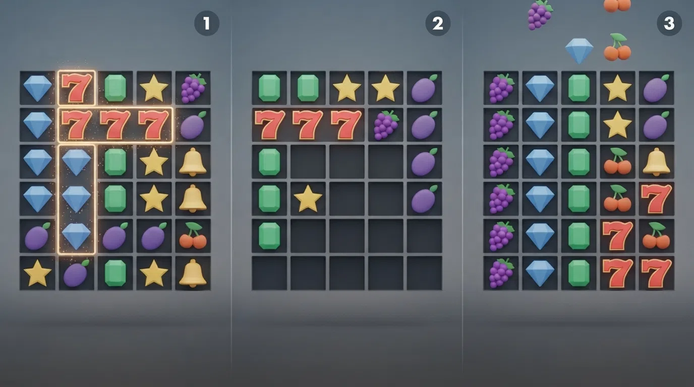 A step-by-step illustration of the cascade process across three frames: winning symbols highlighted and removed, empty positions on the grid, new symbols falling into place from above