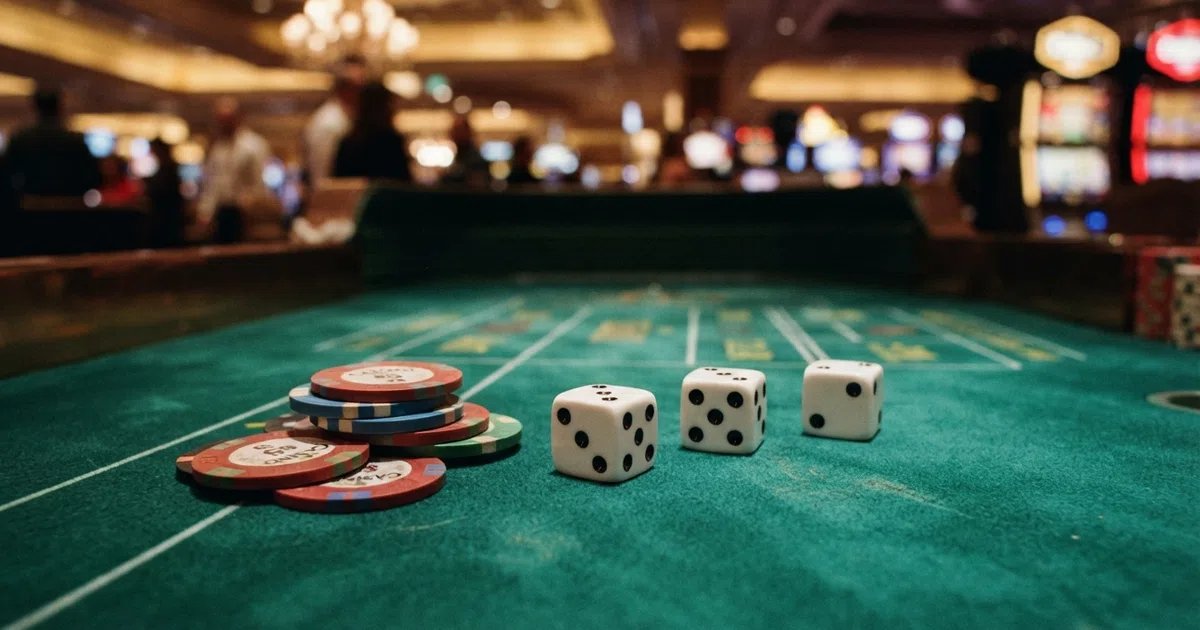 Three white casino dice with black dots resting on a green felt table, with a stack of casino chips and a blurred gaming floor in the background