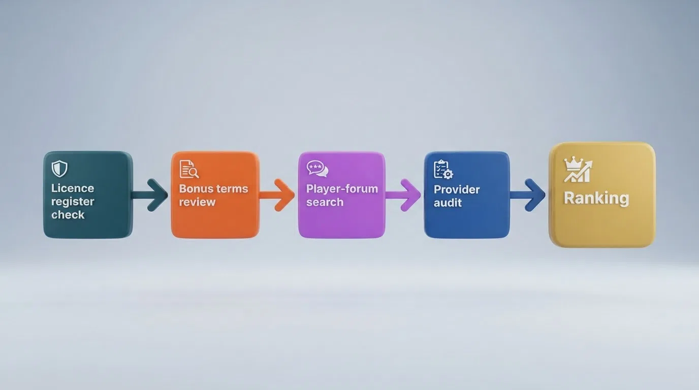 A flowchart showing the evaluation criteria — licence register check, bonus terms review, player-forum search and provider audit — feeding into the ranking