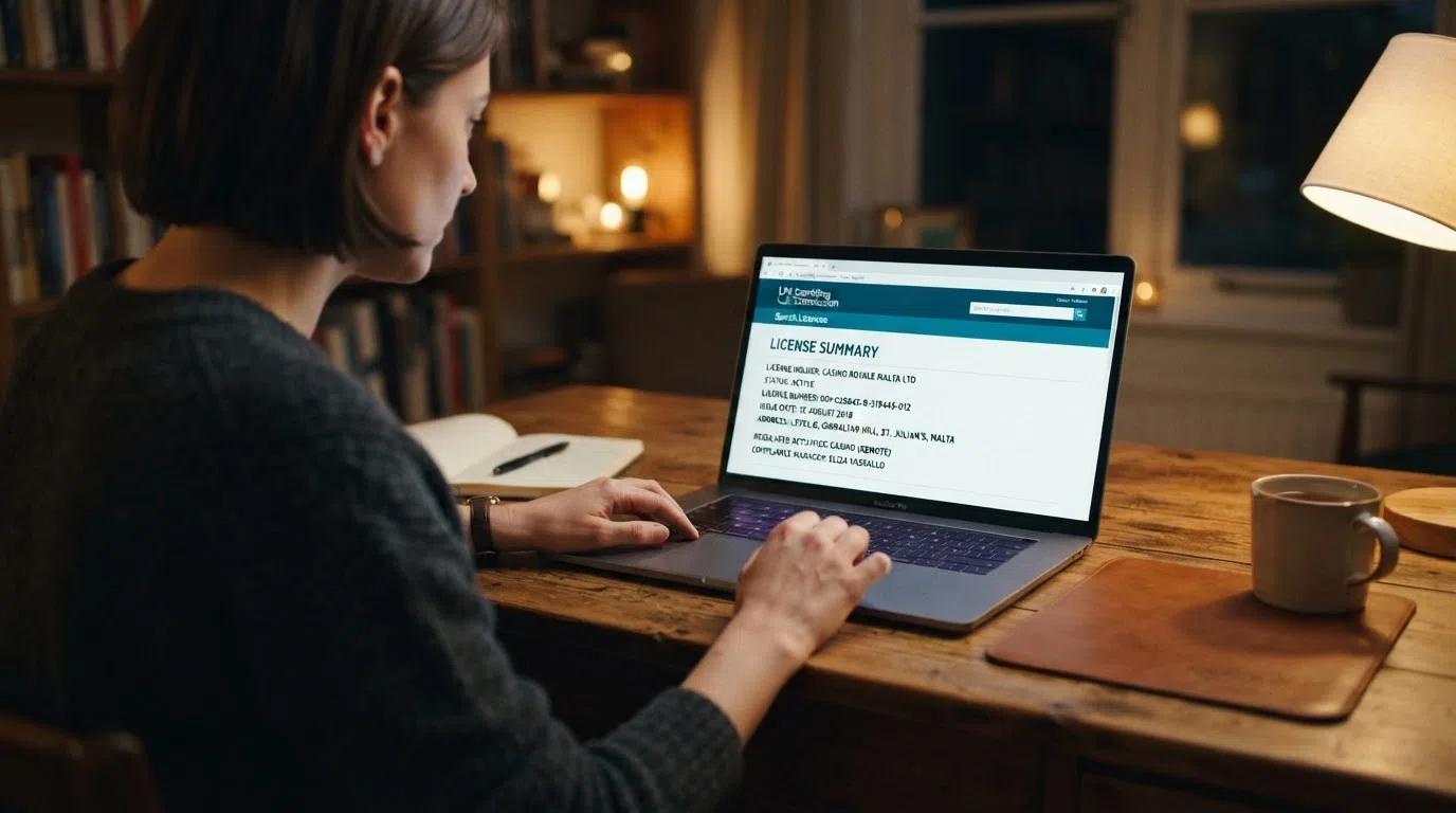 A split-screen mockup showing a casino's licence claims page on one side and a regulator's public licence register search result on the other