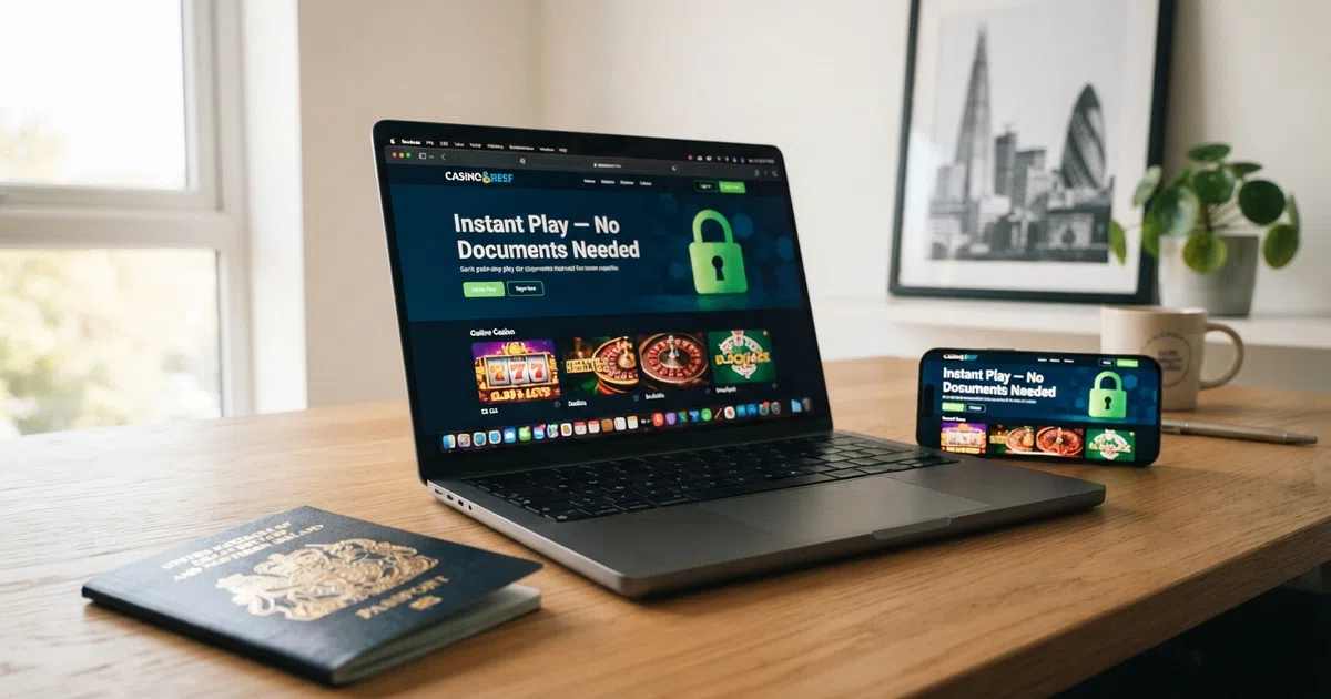 A laptop screen displaying an online casino lobby with a padlock icon beside the text “No ID Required — Play Instantly,” a smartphone beside it showing the same casino interface, and a UK passport placed closed and face-down to one side of the desk