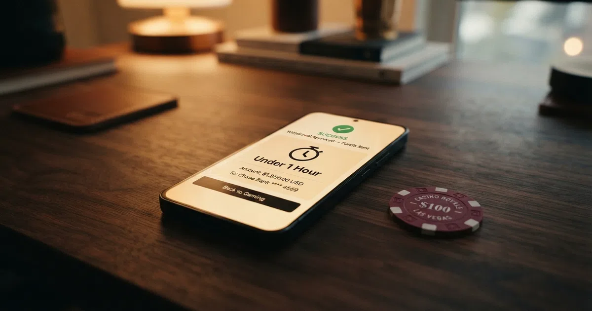 A casino website withdrawal screen on a smartphone showing a “Withdrawal approved — funds sent” confirmation message beside a clock icon reading “Under 1 hour”