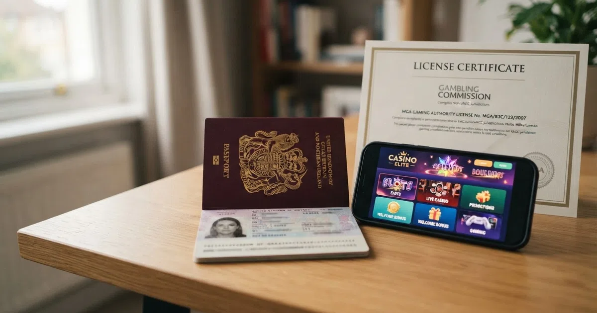 A UK passport resting beside a smartphone showing a casino lobby screen, with a Curaçao licence certificate partially visible behind them on a desk