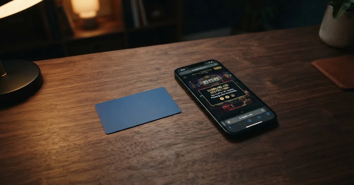A UK consumer credit card lying beside a smartphone showing an offshore casino homepage, with a gambling-age warning overlay visible