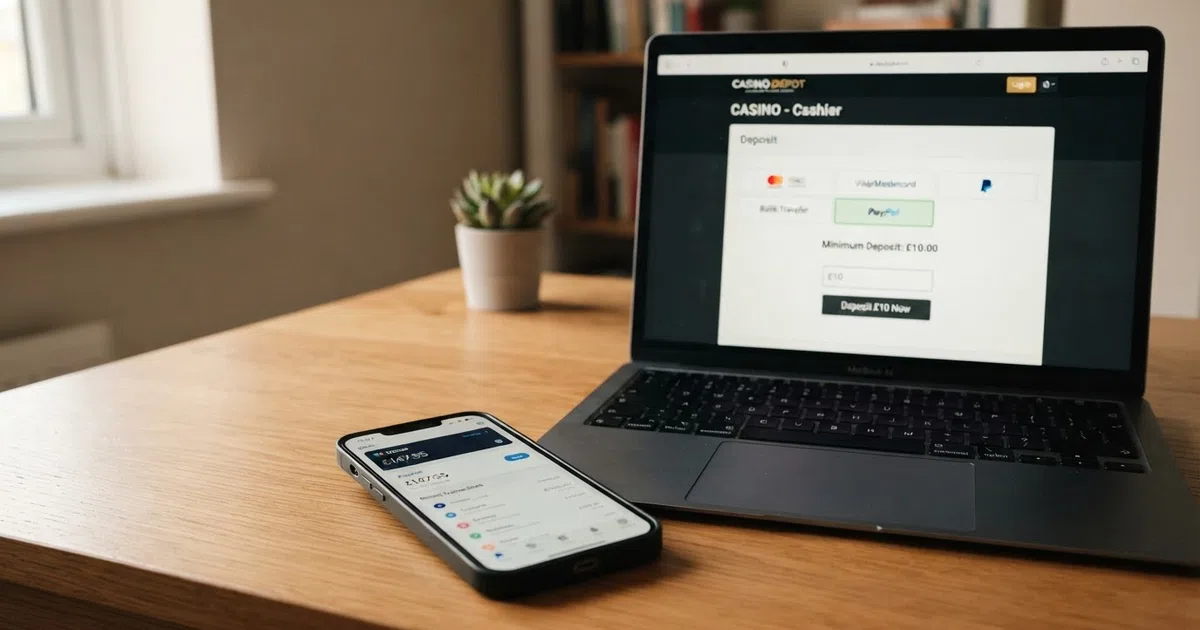 A smartphone displaying the Payz app wallet balance next to a laptop showing a UK online casino cashier with the ecoPayz/Payz deposit option selected