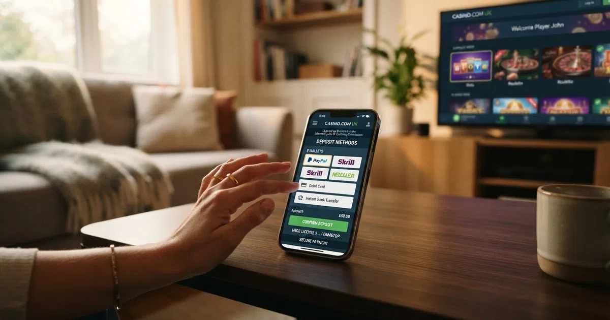 A smartphone displaying a UK online casino cashier screen with the Skrill logo visible among the deposit options, a casino lobby visible in the background
