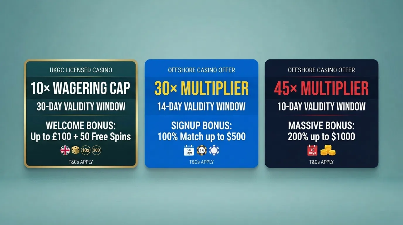 A visual comparison chart showing three welcome-bonus banners side by side with their wagering multipliers (10× UKGC cap, 30× typical offshore, 45× highest in the set) and validity windows