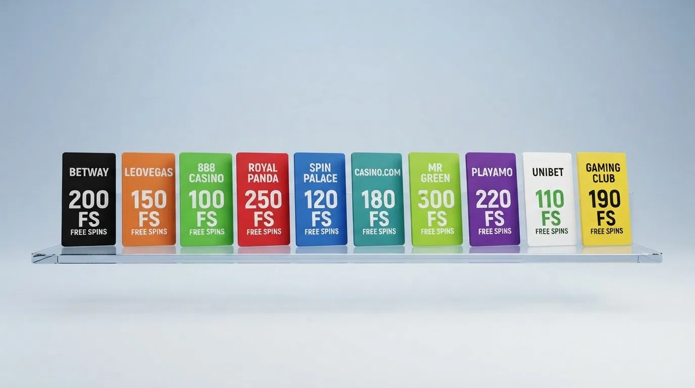 A comparison-layout visual showing UK casino welcome-offer cards with free-spin counts wagering labels and deposit thresholds
