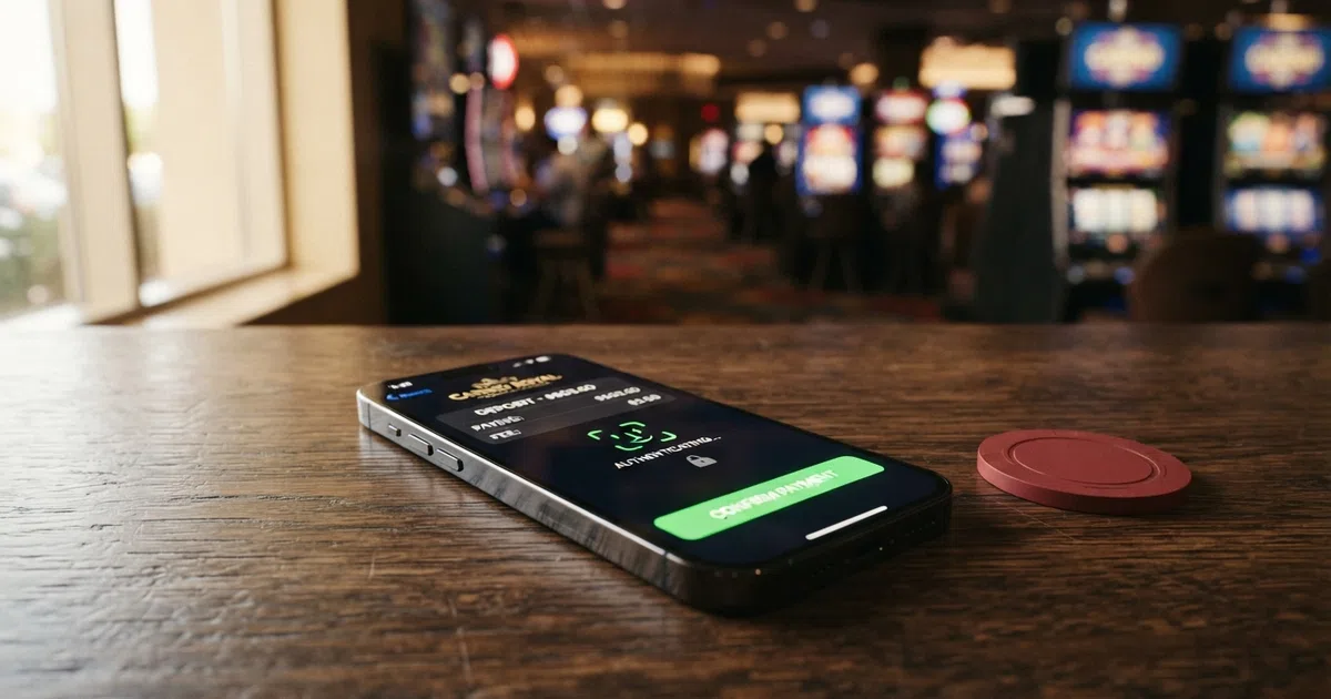 An iPhone displaying the Apple Pay casino deposit screen with Face ID authentication visible, a casino lobby blurred in the background