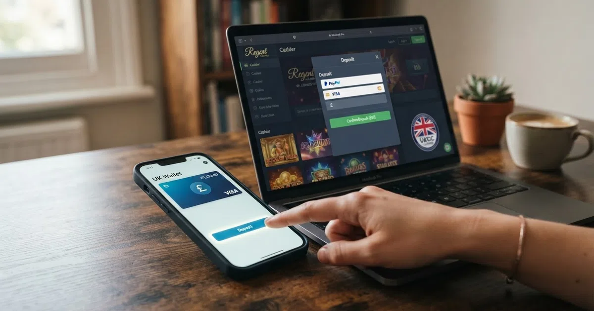 A smartphone displaying the AstroPay wallet app beside a UK online casino lobby screen showing the deposit cashier with AstroPay selected as the payment method